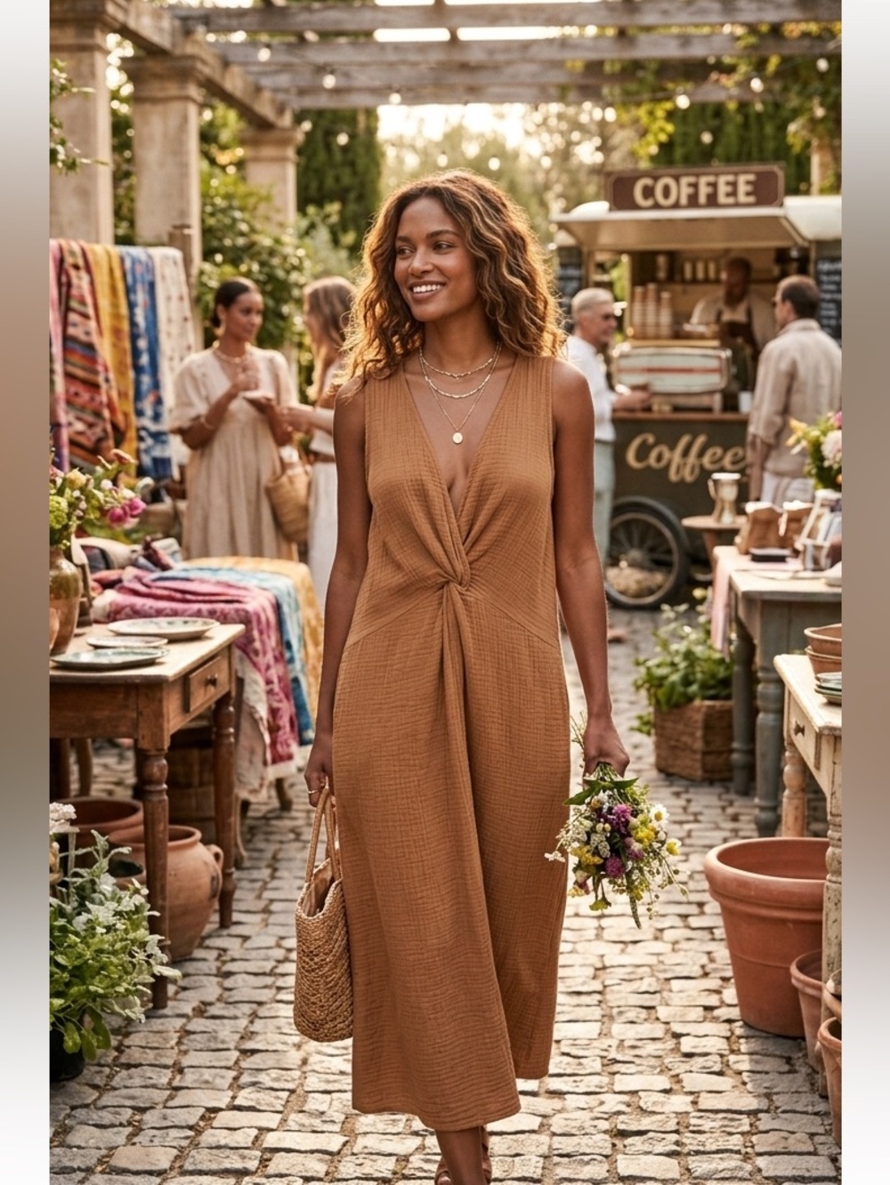 Sleeveless Twist-Front Midi Dress in Caramel